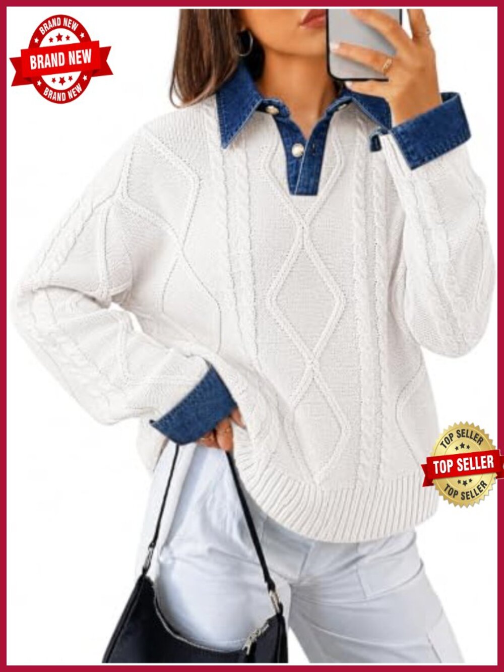 Womens Cable Knit Sweater Denim Polo Pullover Oversized Chunky